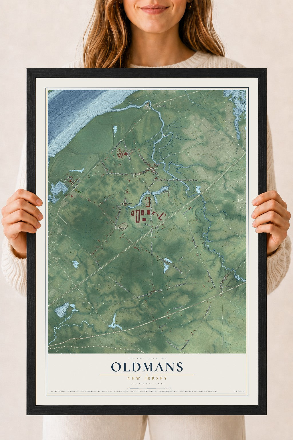 Oldmans, New Jersey map print, 18" x 24" W/ Black Ayous Wood Frame mockup