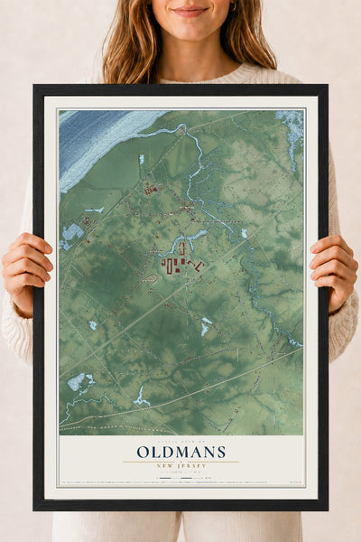 Oldmans, New Jersey map print, 18" x 24" W/ Black Ayous Wood Frame mockup