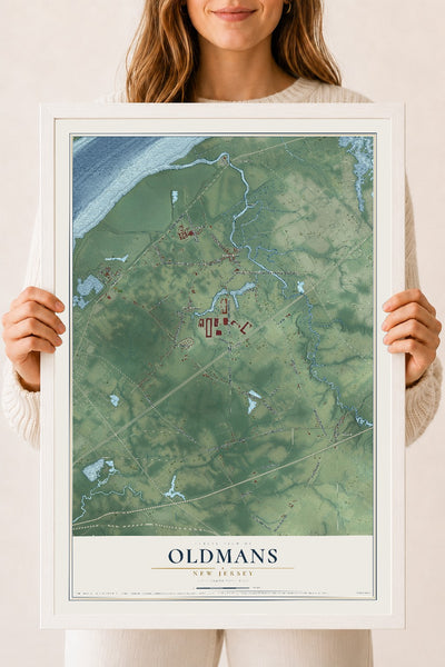 Oldmans, New Jersey map print, 18" x 24" W/ White Ayous Wood Frame mockup