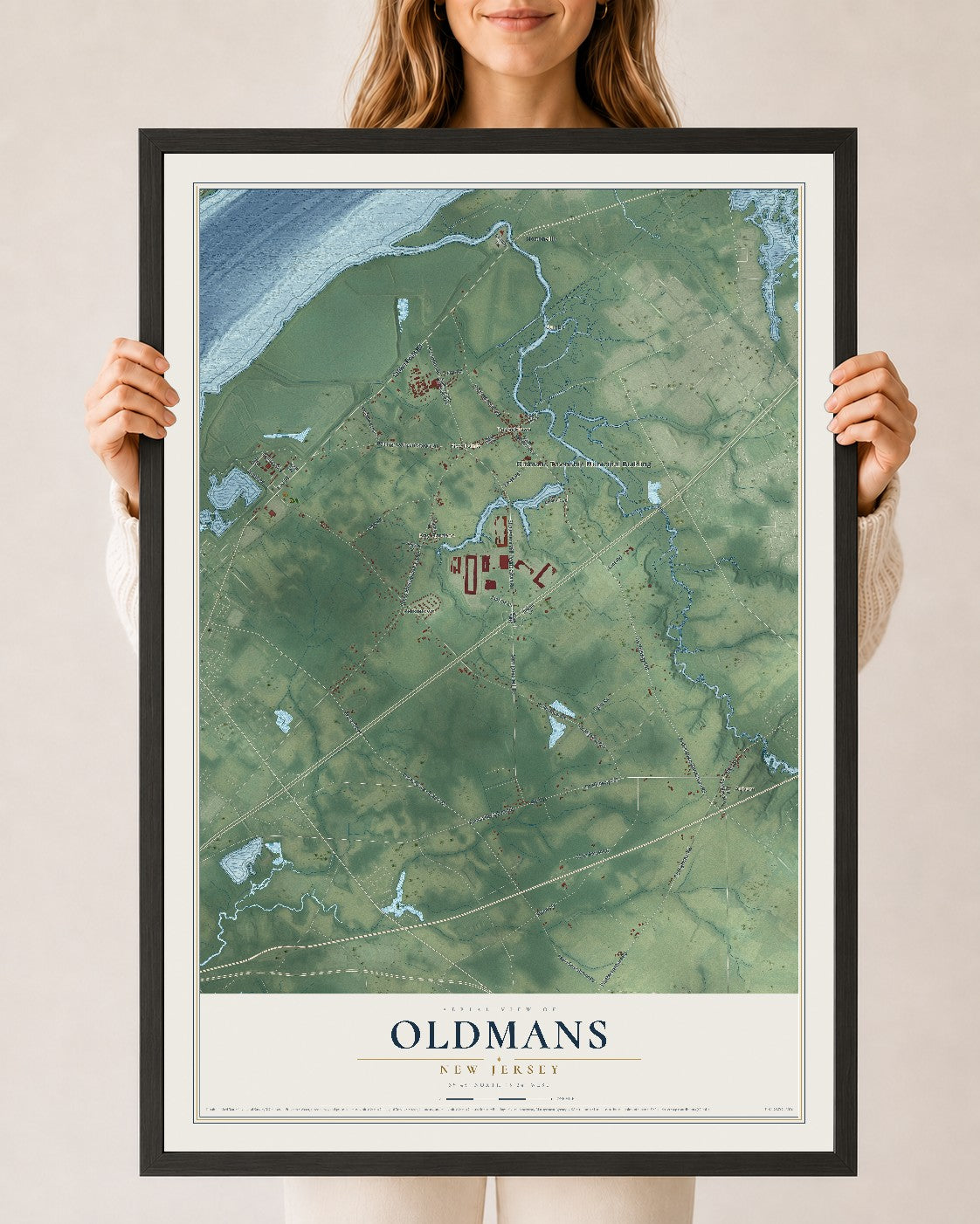 Oldmans, New Jersey map print, 24" x 36" W/ Black Ayous Wood Frame mockup