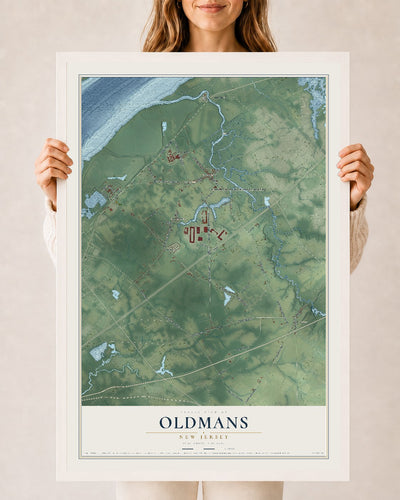 Oldmans, New Jersey map print, 24" x 36" W/ White Ayous Wood Frame mockup