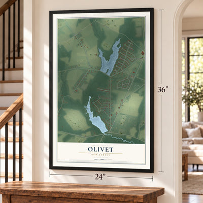 Olivet, New Jersey map, 24 x 36 inch print in a black frame by a staircase