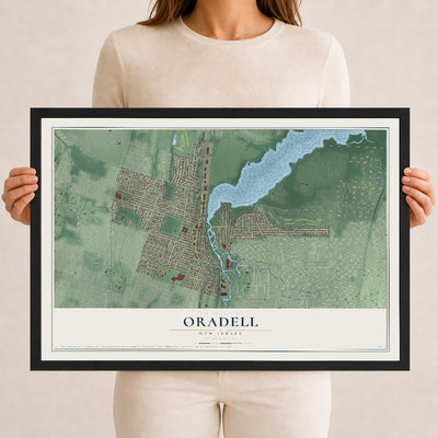 Oradell, New Jersey map print, 12" x 18" W/ Black Ayous Wood Frame mockup