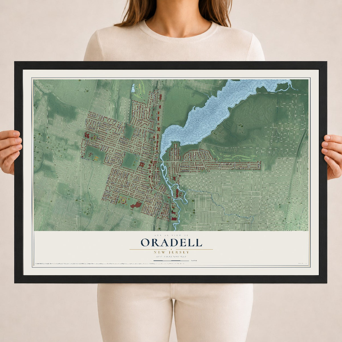 Oradell, New Jersey map print, 18" x 24" W/ Black Ayous Wood Frame mockup