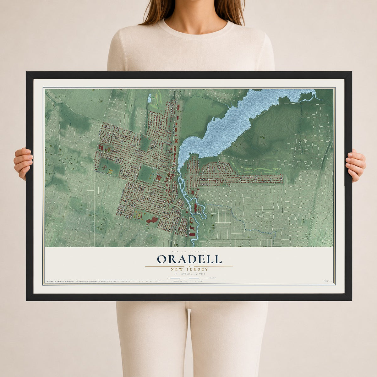 Oradell, New Jersey map print, 24" x 36" W/ Black Ayous Wood Frame mockup