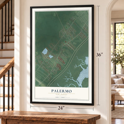 Palermo, New Jersey map, 24 x 36 inch print in a black frame by a staircase