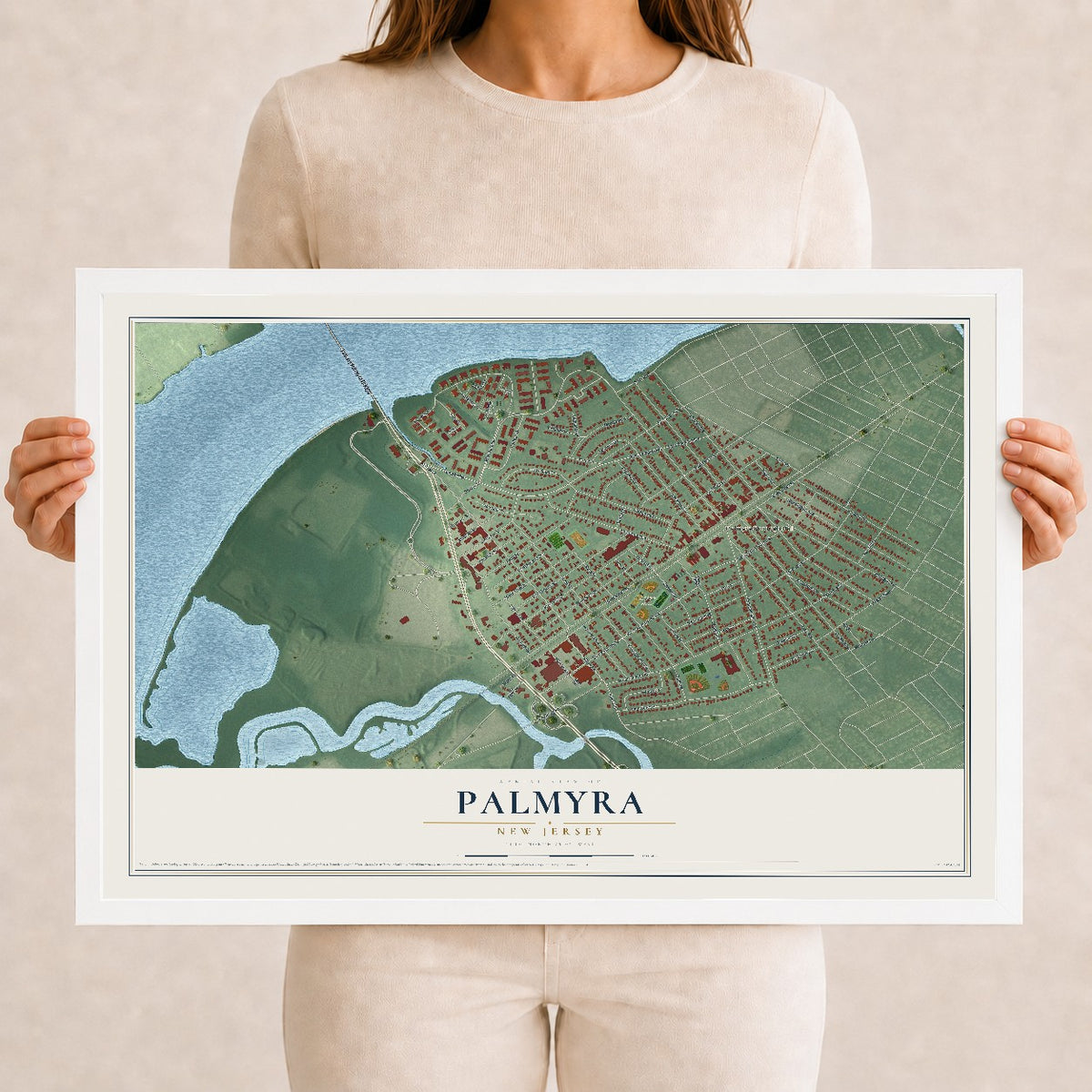 Palmyra, New Jersey map print, 12" x 18" W/ White Ayous Wood Frame mockup