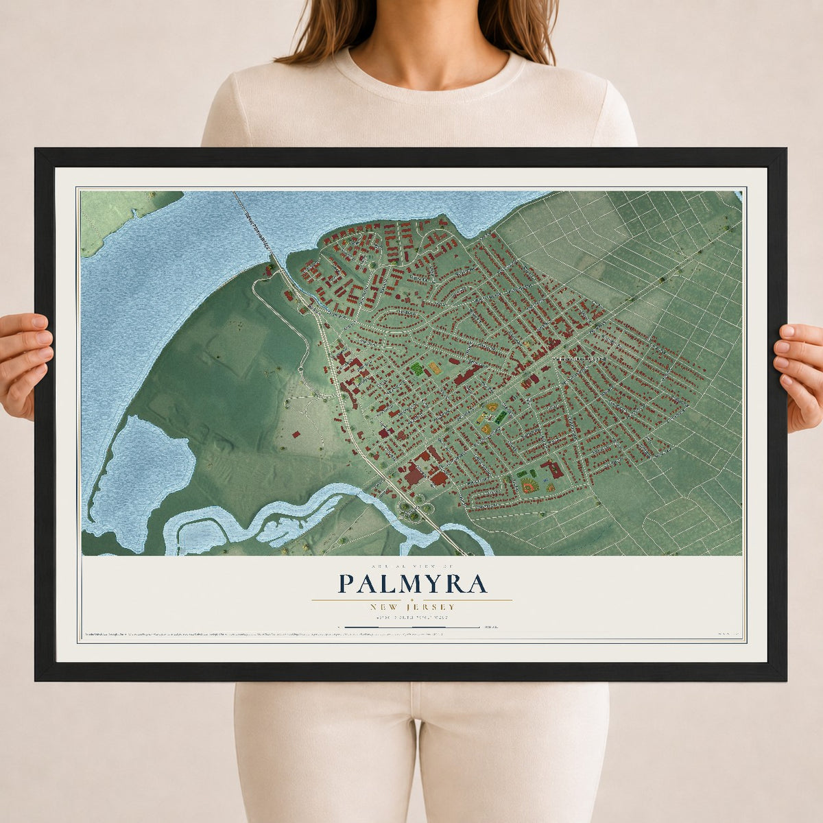 Palmyra, New Jersey map print, 18" x 24" W/ Black Ayous Wood Frame mockup
