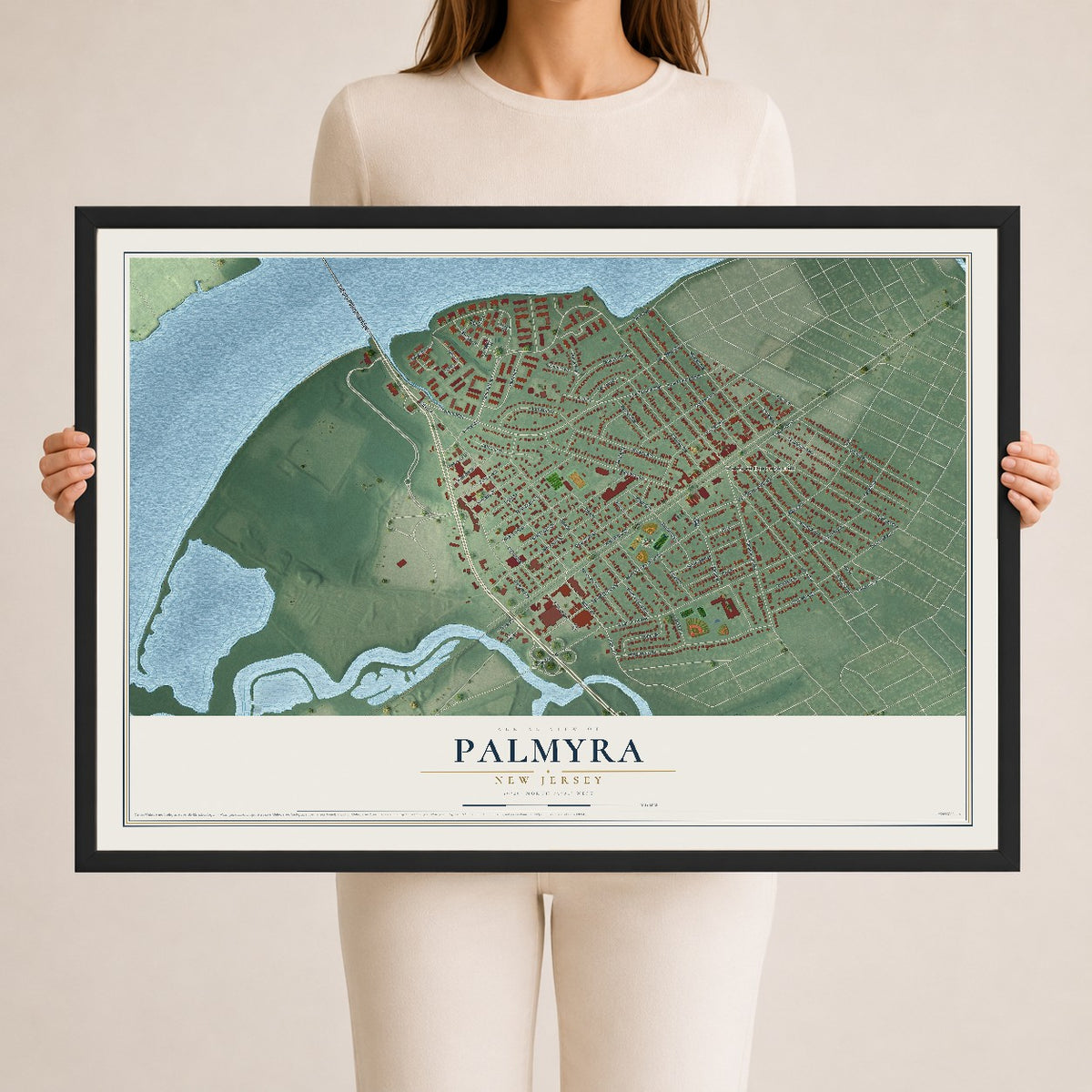 Palmyra, New Jersey map print, 24" x 36" W/ Black Ayous Wood Frame mockup