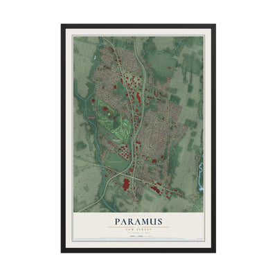 Paramus, New Jersey map print, 12" x 18" W/ Black Ayous Wood Frame mockup