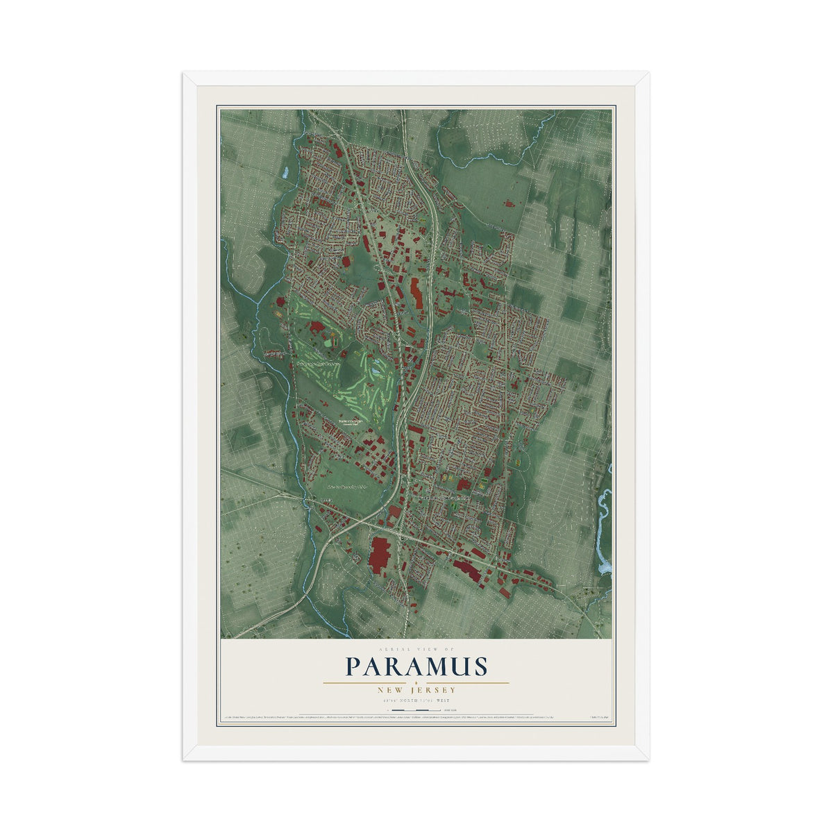 Paramus, New Jersey map print, 12" x 18" W/ White Ayous Wood Frame mockup