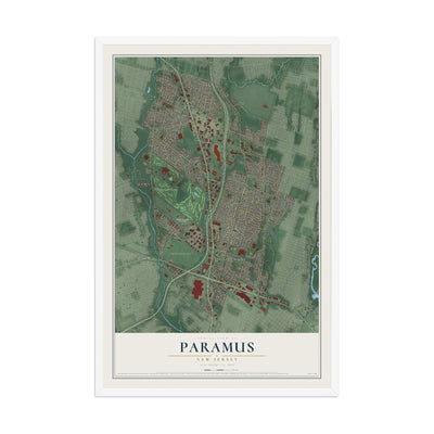 Paramus, New Jersey map print, 12" x 18" W/ White Ayous Wood Frame mockup