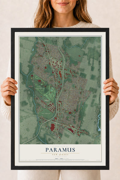Paramus, New Jersey map print, 18" x 24" W/ Black Ayous Wood Frame mockup