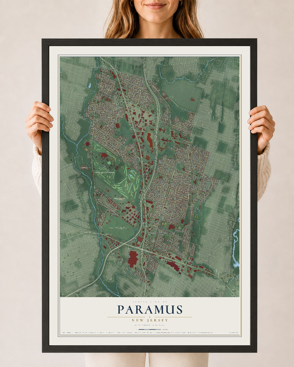Paramus, New Jersey map print, 24" x 36" W/ Black Ayous Wood Frame mockup