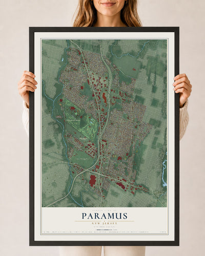 Paramus, New Jersey map print, 24" x 36" W/ Black Ayous Wood Frame mockup