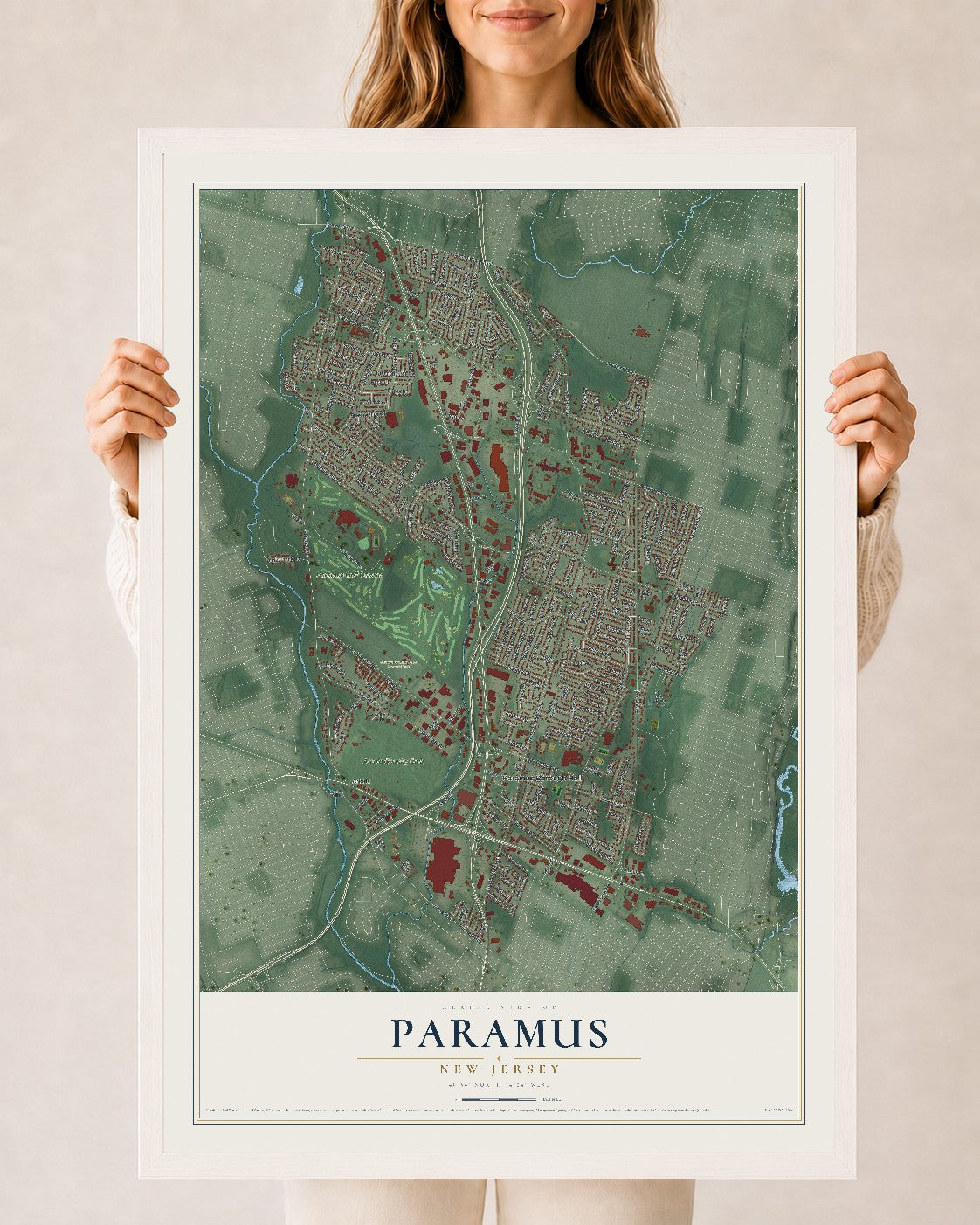Paramus, New Jersey map print, 24" x 36" W/ White Ayous Wood Frame mockup