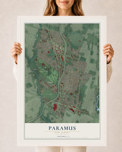 Paramus, New Jersey map print, 24" x 36" W/ White Ayous Wood Frame mockup