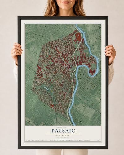 Passaic, New Jersey map print, 24" x 36" W/ Black Ayous Wood Frame mockup