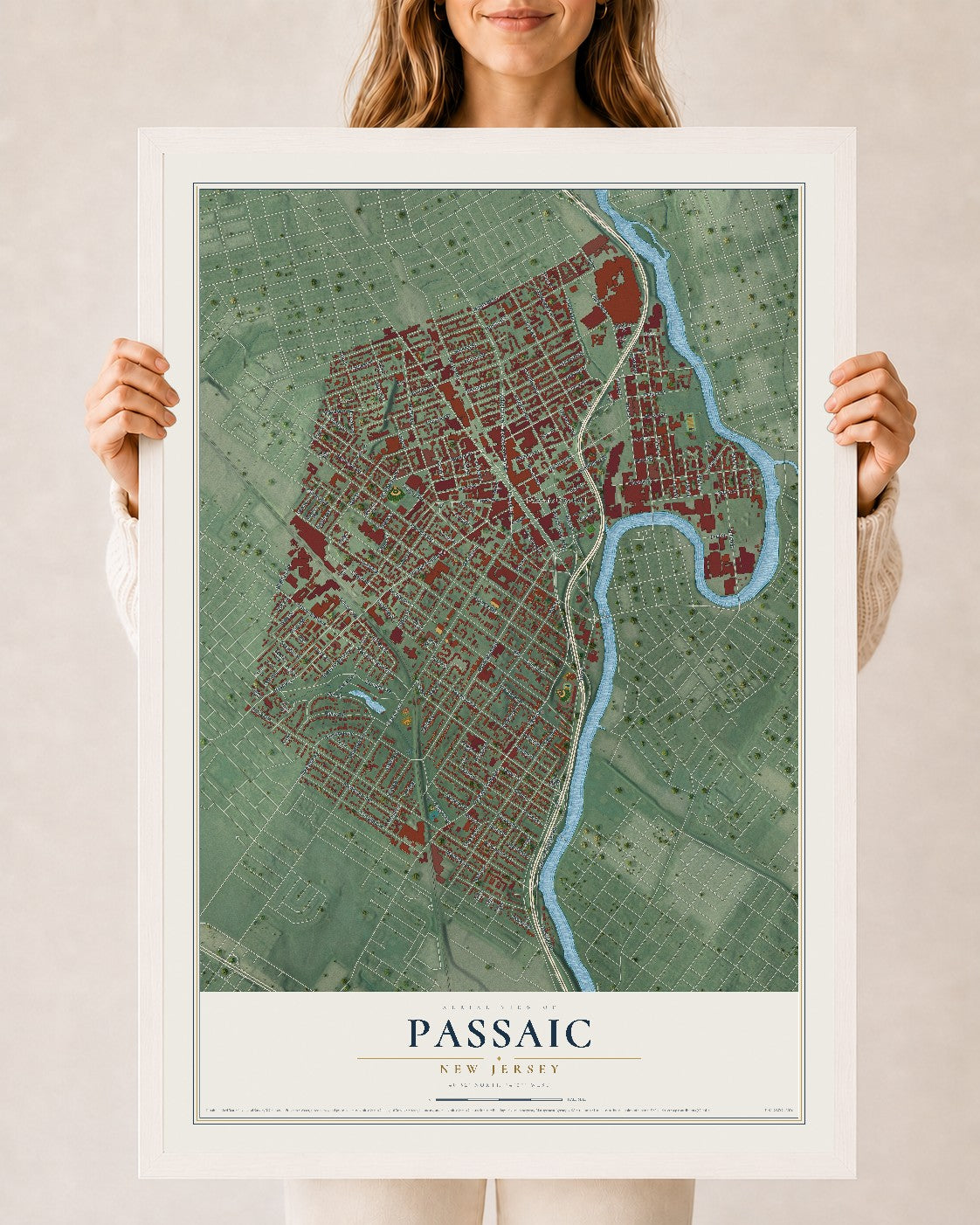 Passaic, New Jersey map print, 24" x 36" W/ White Ayous Wood Frame mockup
