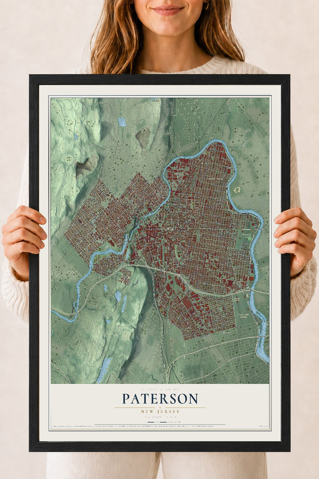Paterson, New Jersey map print, 18" x 24" W/ Black Ayous Wood Frame mockup