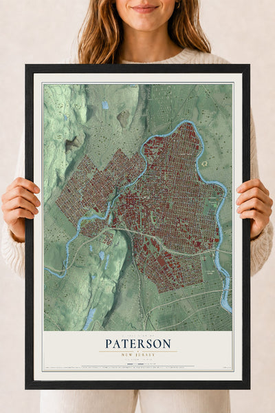 Paterson, New Jersey map print, 18" x 24" W/ Black Ayous Wood Frame mockup