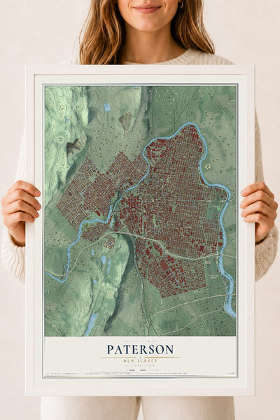 Paterson, New Jersey map print, 18" x 24" W/ White Ayous Wood Frame mockup