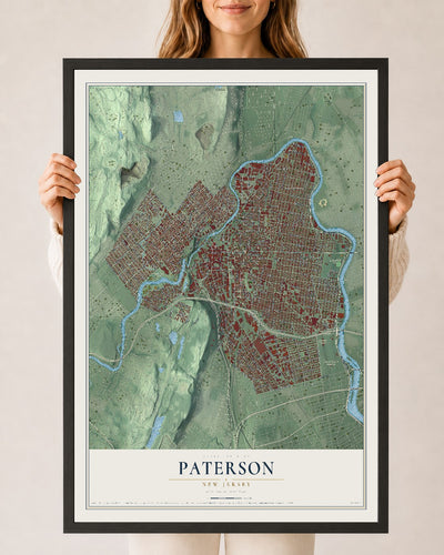Paterson, New Jersey map print, 24" x 36" W/ Black Ayous Wood Frame mockup