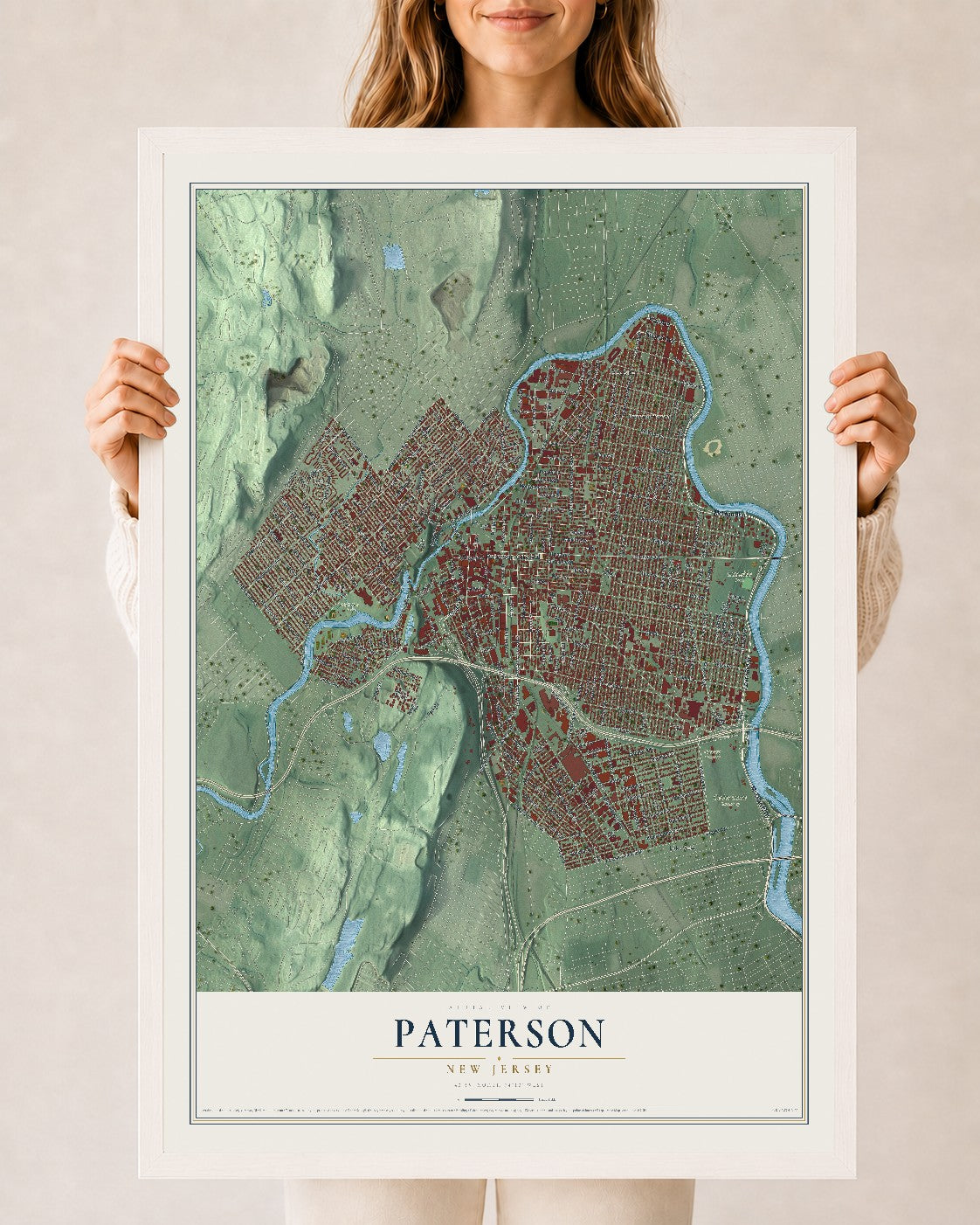 Paterson, New Jersey map print, 24" x 36" W/ White Ayous Wood Frame mockup