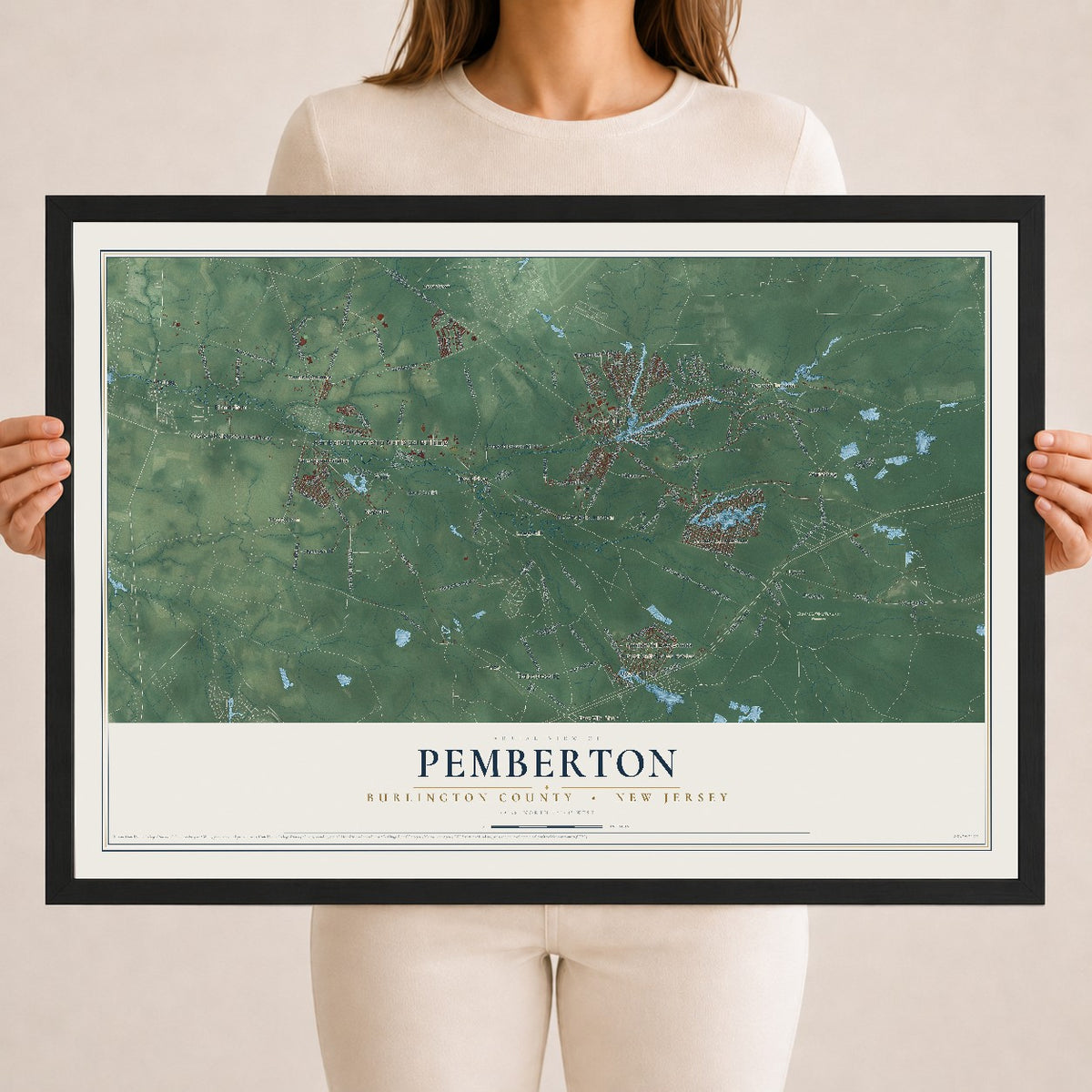 Pemberton, New Jersey map print, 18" x 24" W/ Black Ayous Wood Frame mockup