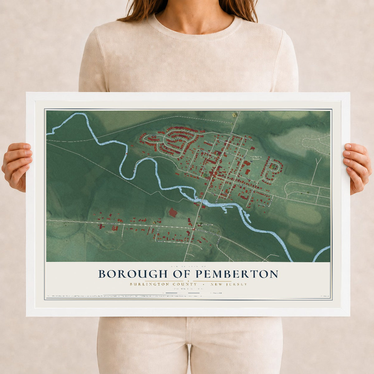 Borough of Pemberton, New Jersey map print, 12" x 18" W/ White Ayous Wood Frame mockup