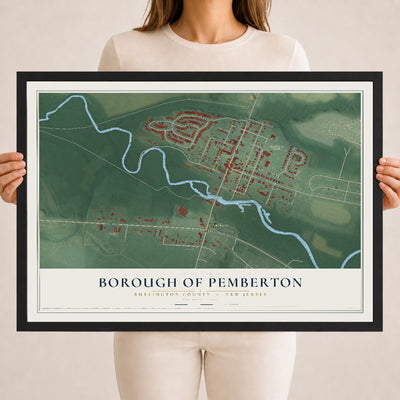 Borough of Pemberton, New Jersey map print, 18" x 24" W/ Black Ayous Wood Frame mockup