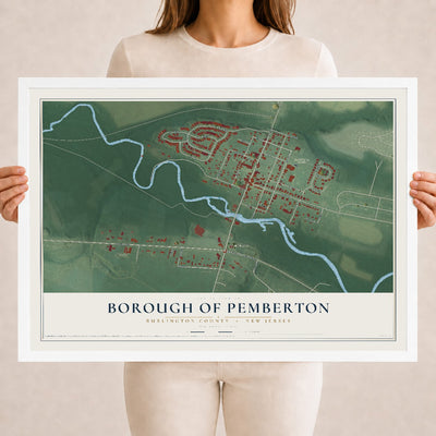 Borough of Pemberton, New Jersey map print, 18" x 24" W/ White Ayous Wood Frame mockup