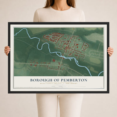 Borough of Pemberton, New Jersey map print, 24" x 36" W/ Black Ayous Wood Frame mockup