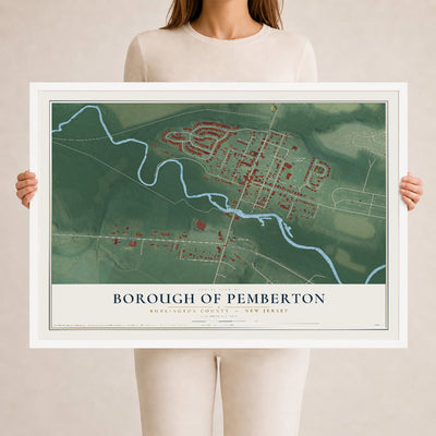 Borough of Pemberton, New Jersey map print, 24" x 36" W/ White Ayous Wood Frame mockup