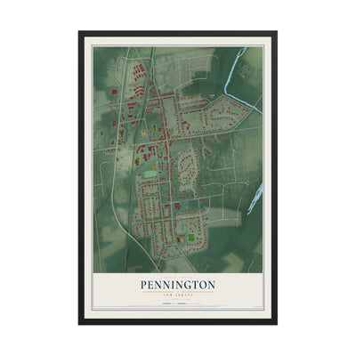 Pennington, New Jersey map print, 12" x 18" W/ Black Ayous Wood Frame mockup