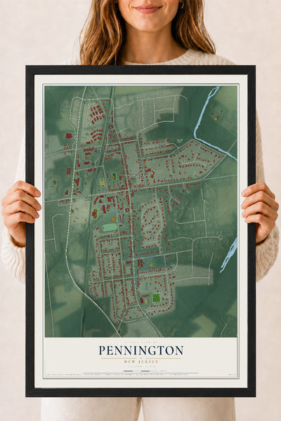 Pennington, New Jersey map print, 18" x 24" W/ Black Ayous Wood Frame mockup
