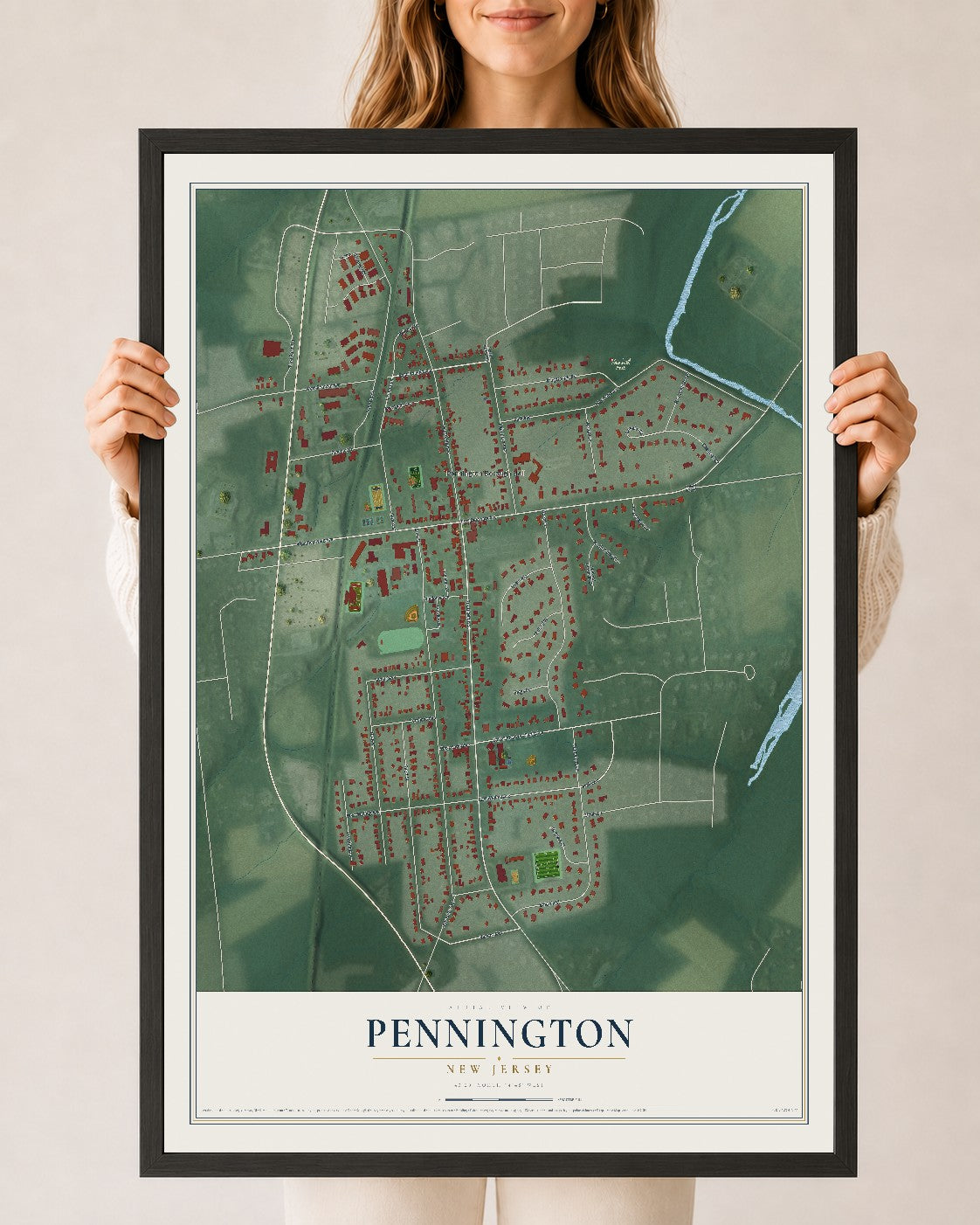 Pennington, New Jersey map print, 24" x 36" W/ Black Ayous Wood Frame mockup