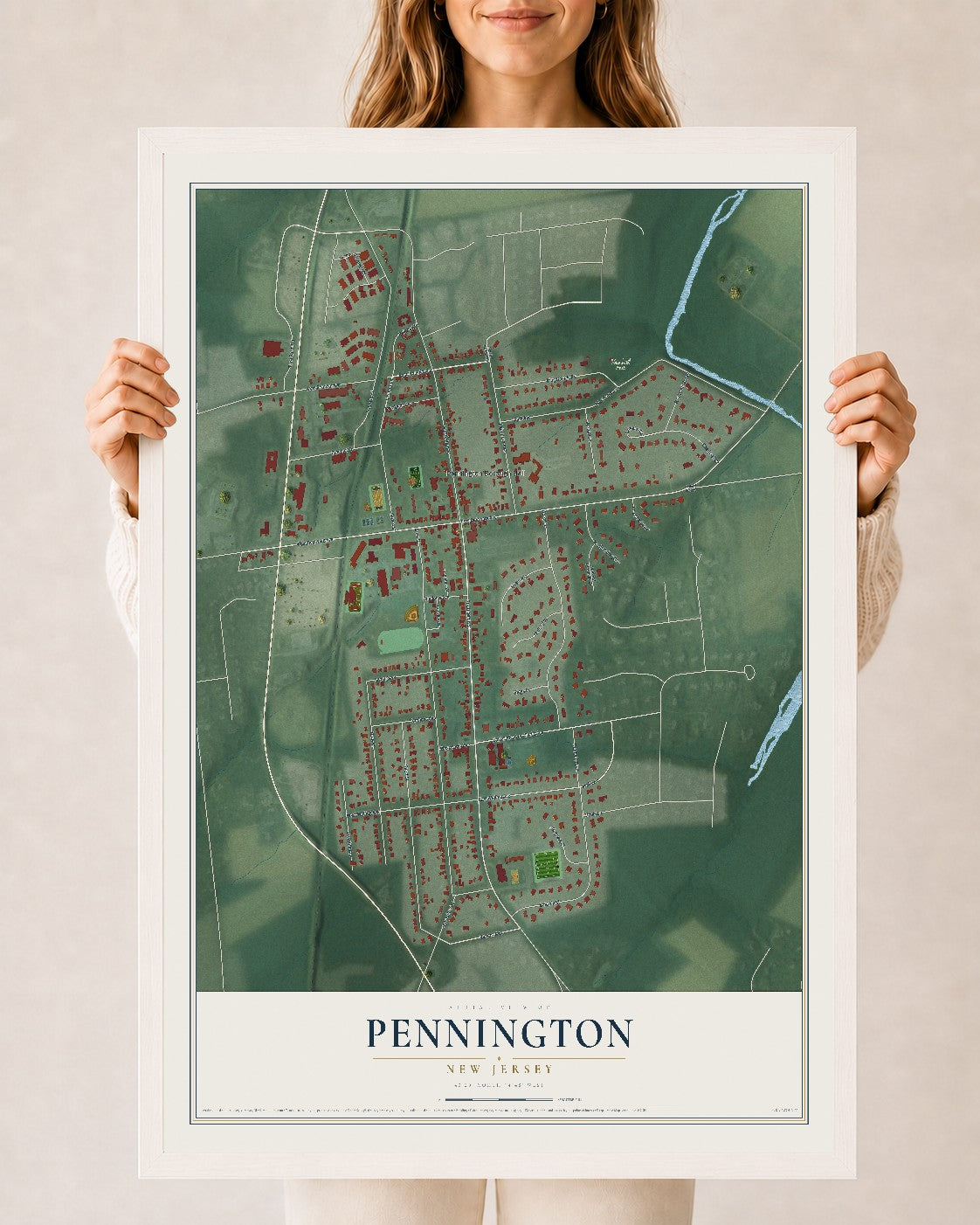Pennington, New Jersey map print, 24" x 36" W/ White Ayous Wood Frame mockup
