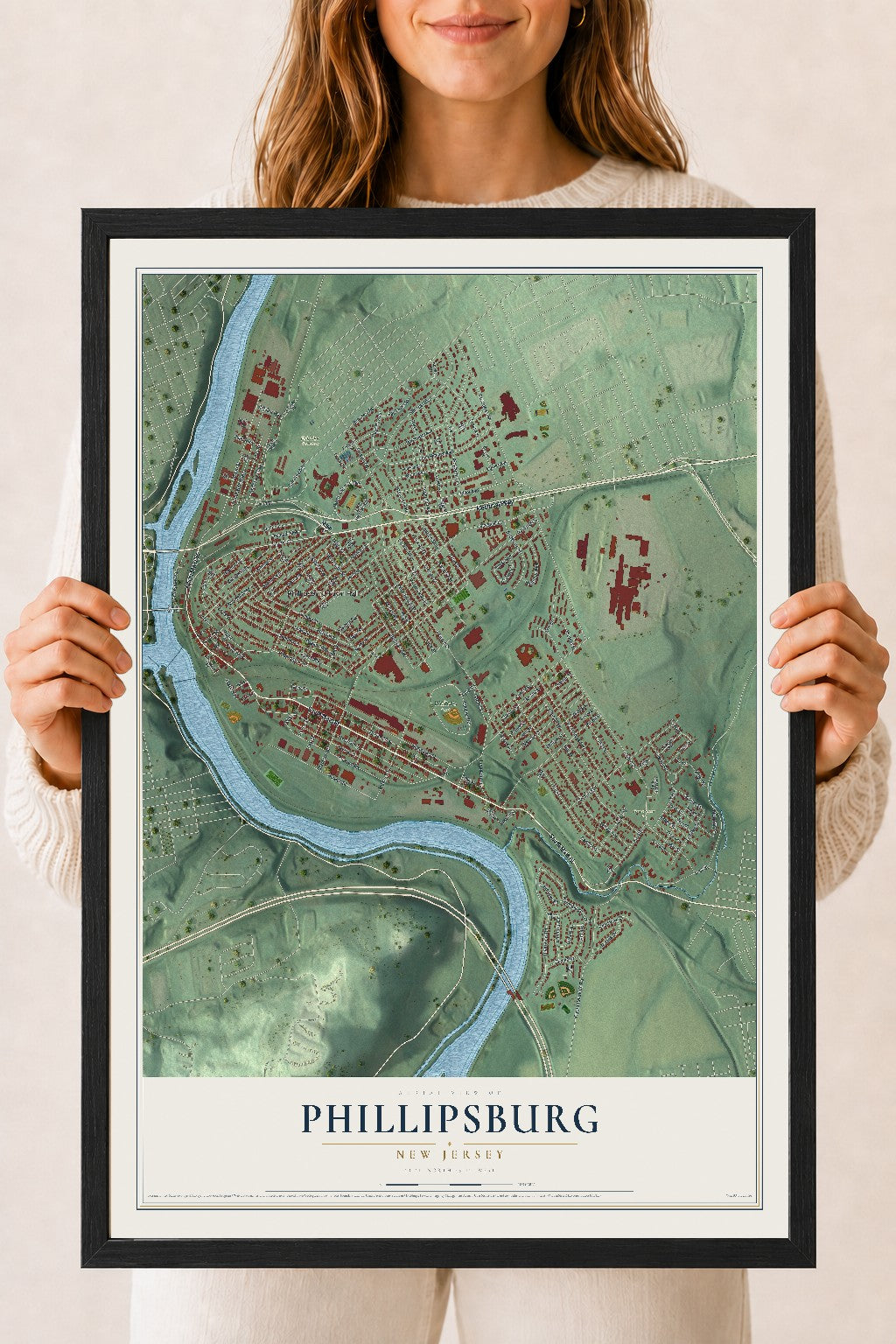 Phillipsburg, New Jersey map print, 18" x 24" W/ Black Ayous Wood Frame mockup