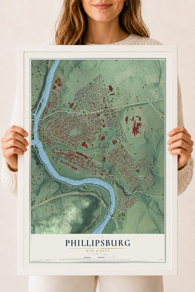Phillipsburg, New Jersey map print, 18" x 24" W/ White Ayous Wood Frame mockup