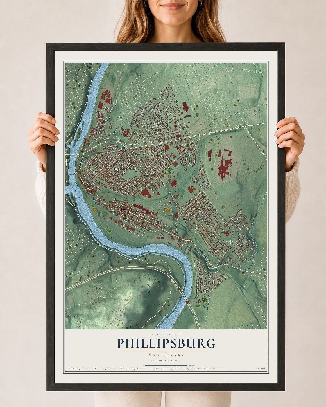 Phillipsburg, New Jersey map print, 24" x 36" W/ Black Ayous Wood Frame mockup