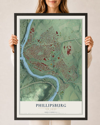 Phillipsburg, New Jersey map print, 24" x 36" W/ Black Ayous Wood Frame mockup