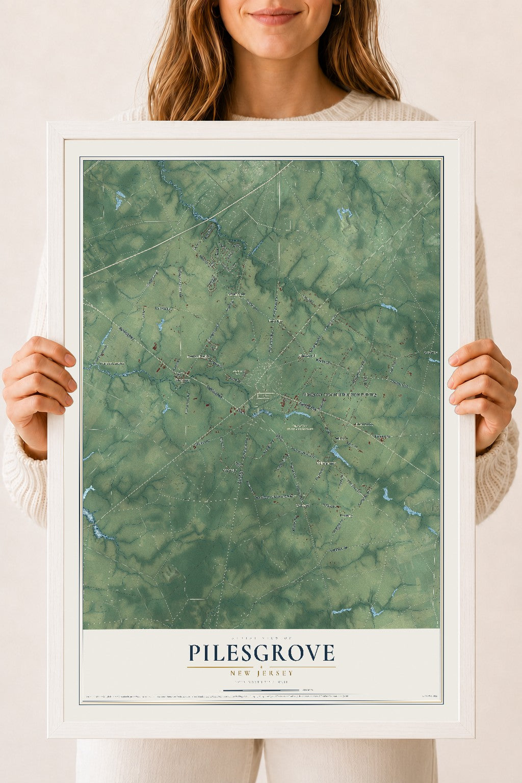 Pilesgrove, New Jersey map print, 18" x 24" W/ White Ayous Wood Frame mockup