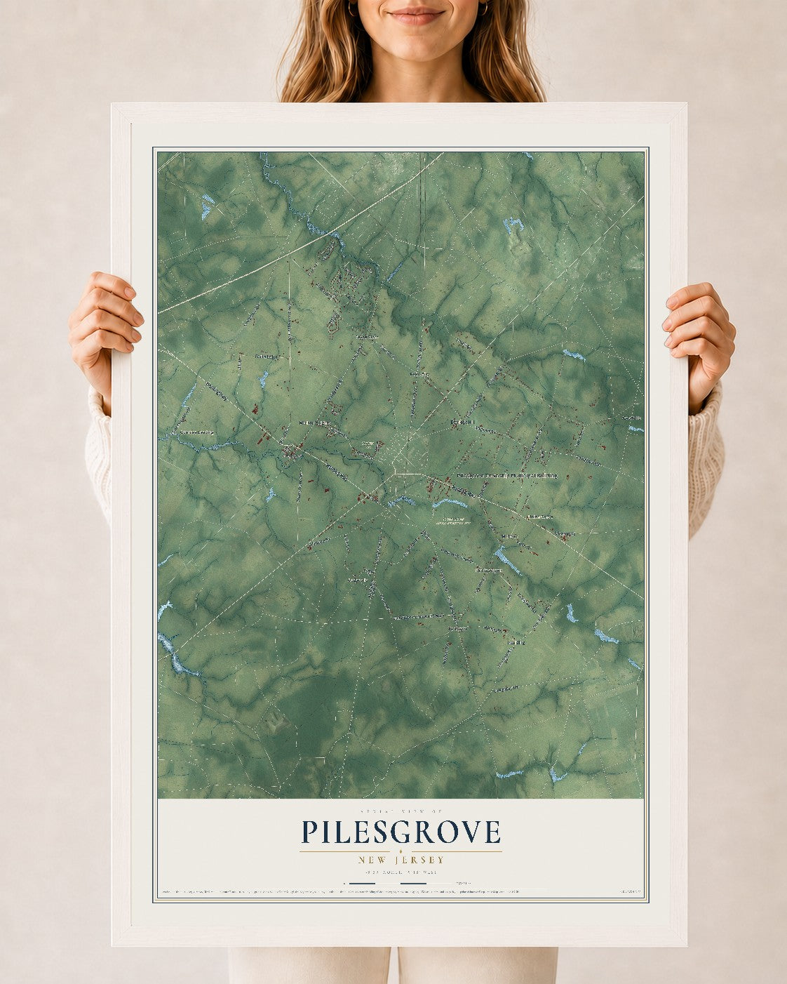 Pilesgrove, New Jersey map print, 24" x 36" W/ White Ayous Wood Frame mockup
