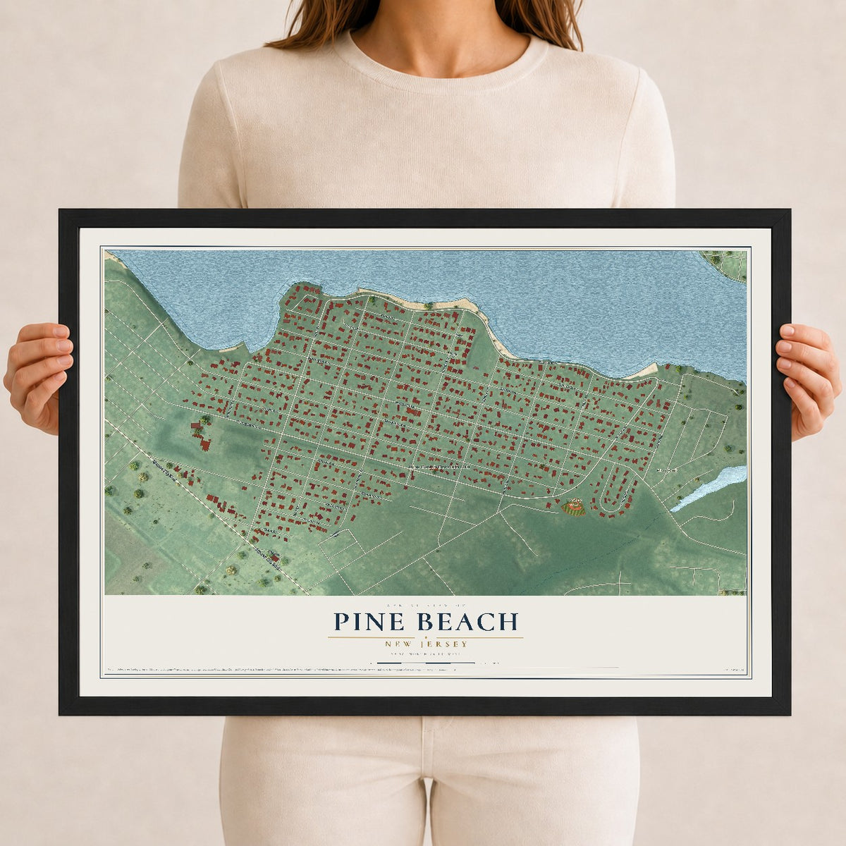 Pine Beach, New Jersey map print, 12" x 18" W/ Black Ayous Wood Frame mockup