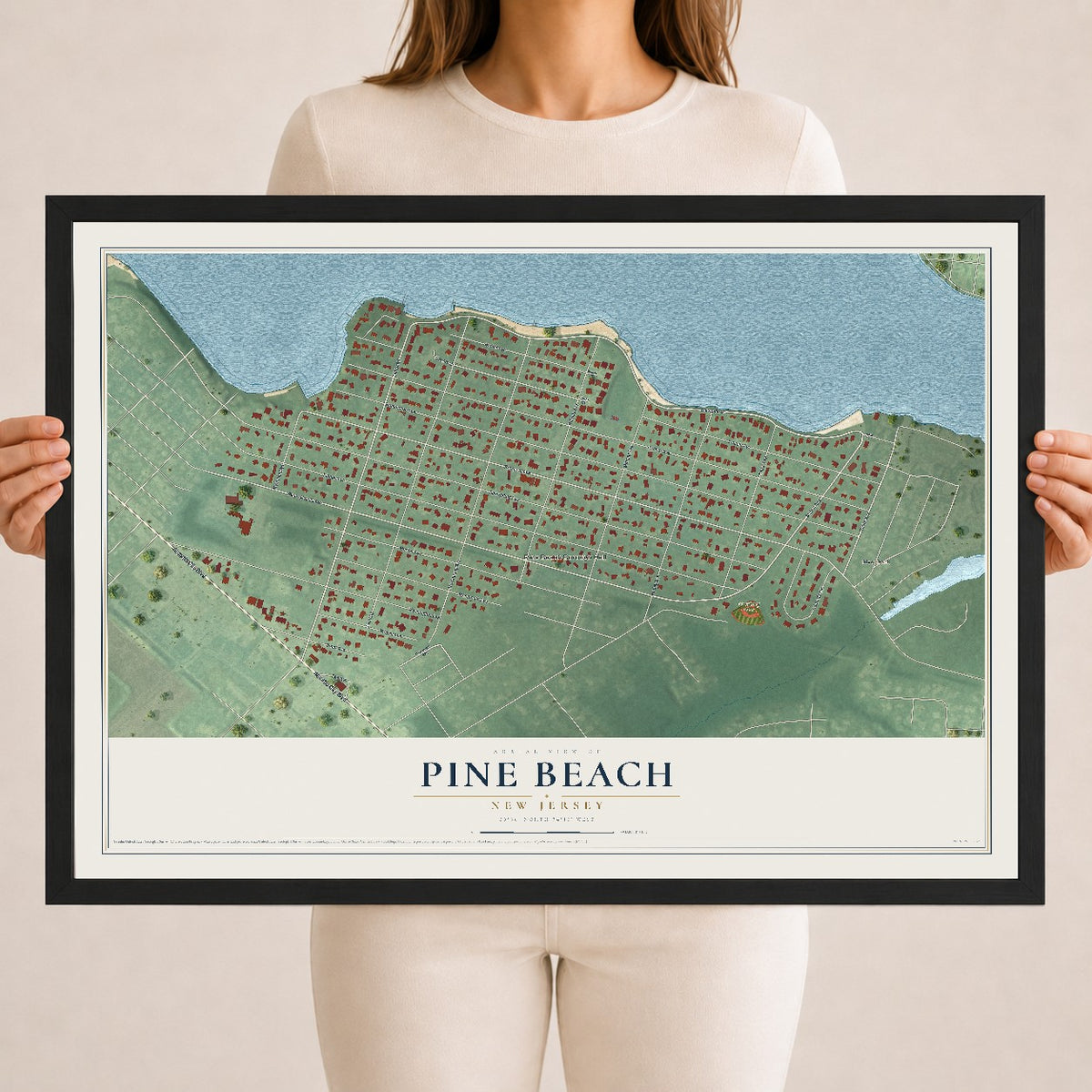 Pine Beach, New Jersey map print, 18" x 24" W/ Black Ayous Wood Frame mockup