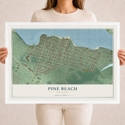Pine Beach, New Jersey map print, 18" x 24" W/ White Ayous Wood Frame mockup
