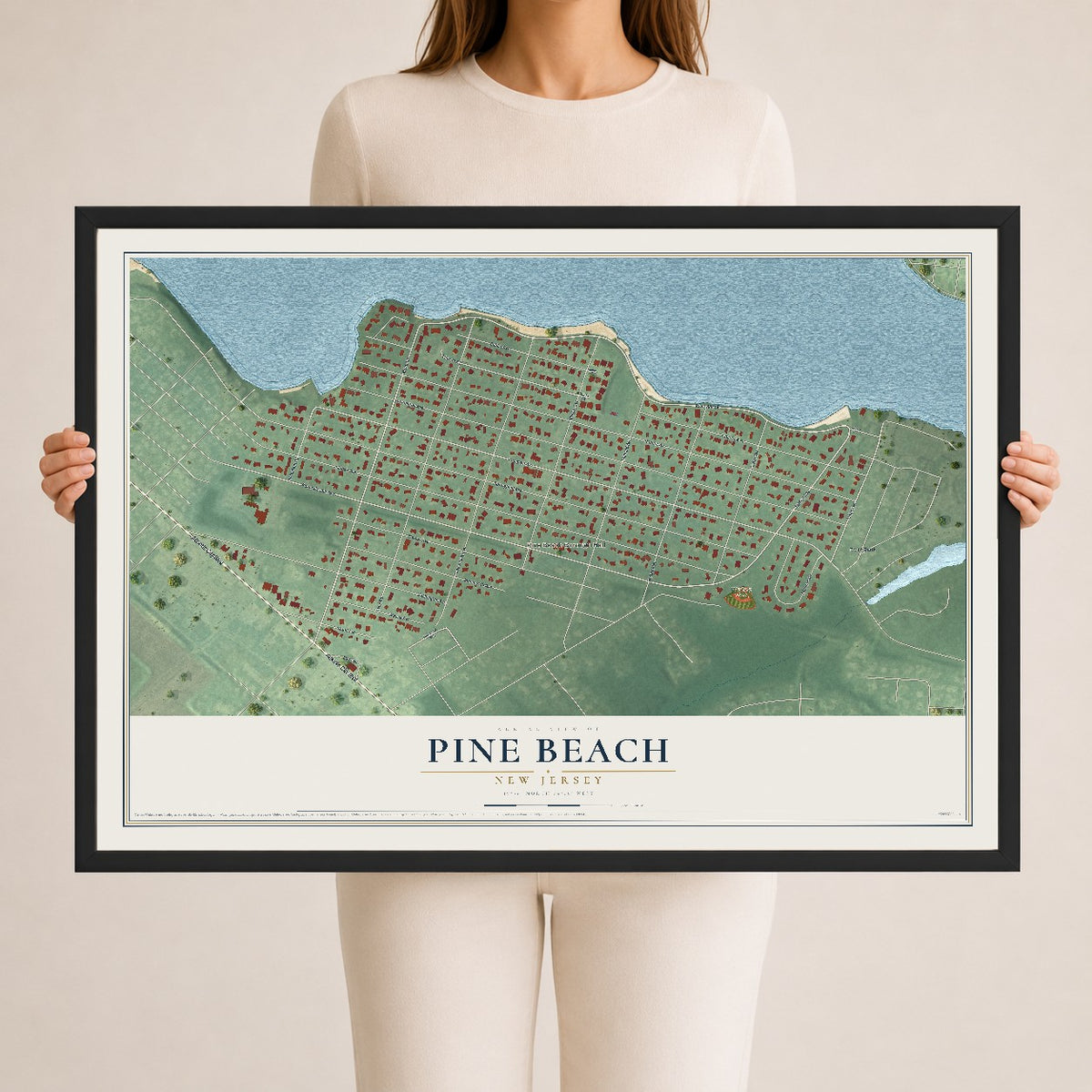 Pine Beach, New Jersey map print, 24" x 36" W/ Black Ayous Wood Frame mockup