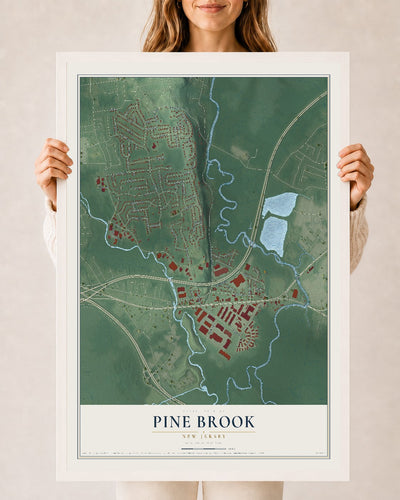 Pine Brook, New Jersey map print, 24" x 36" W/ White Ayous Wood Frame mockup