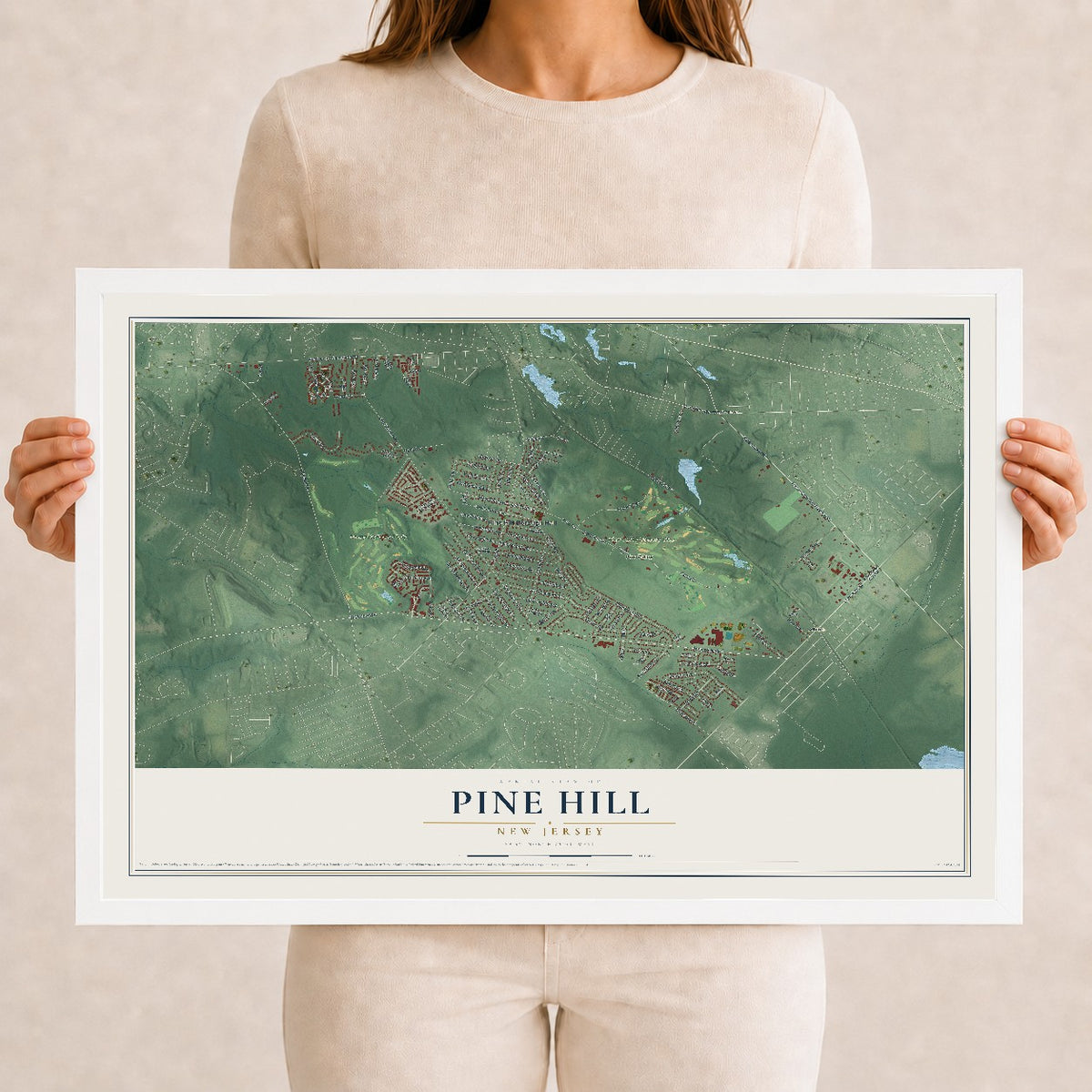 Pine Hill, New Jersey map print, 12" x 18" W/ White Ayous Wood Frame mockup
